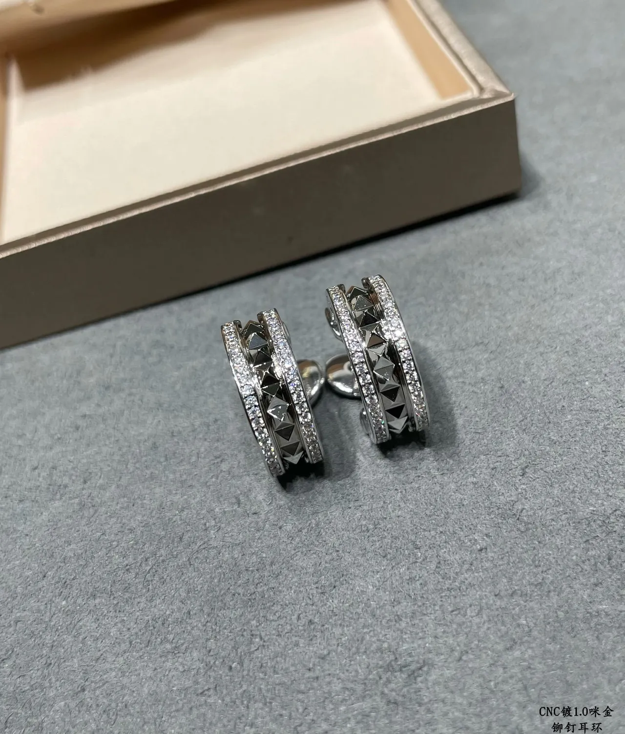 Gold and Silver Tone Pavé Crystal Pyramid Stud Hoop Earrings 2