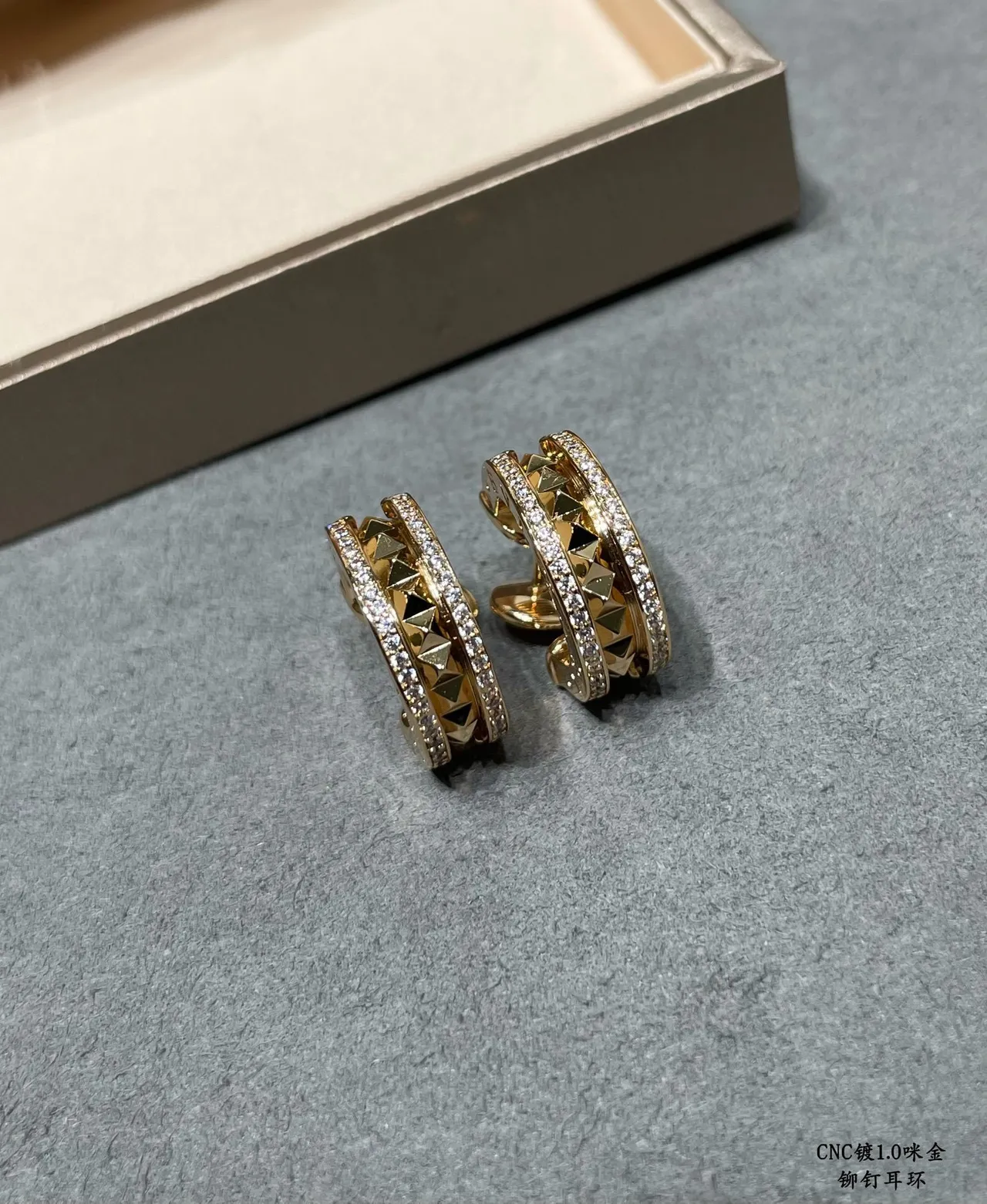 Gold and Silver Tone Pavé Crystal Pyramid Stud Hoop Earrings 4