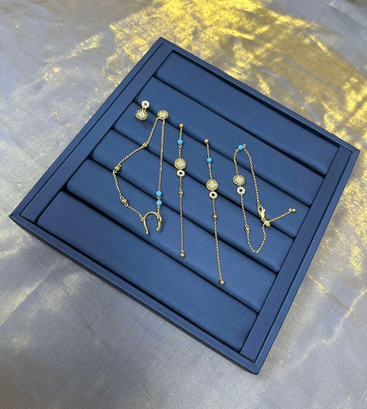 Gold Blue Chain Three-Charm Design Bracelet 6