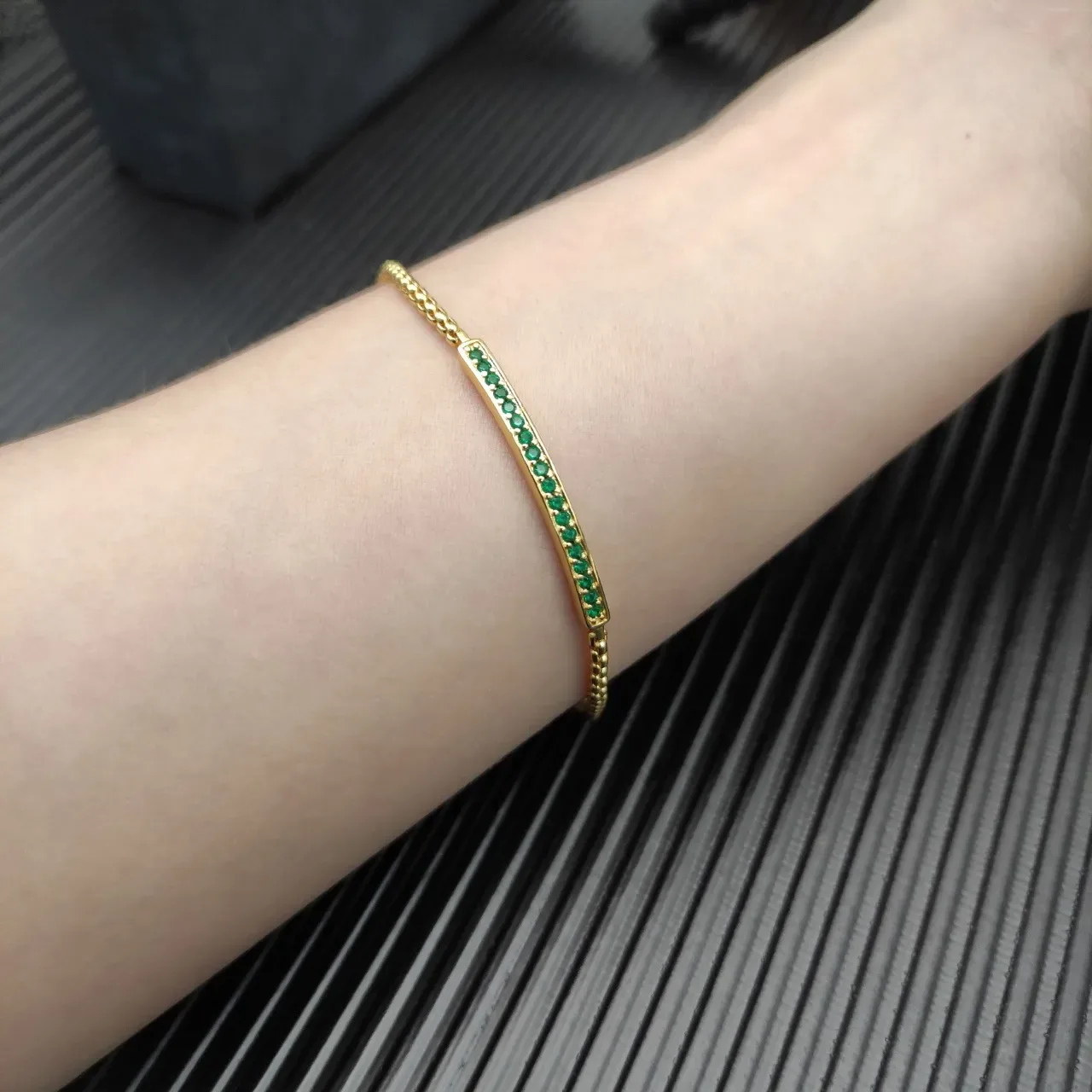 Gold Green Chain Horizontal Bar Bracelet 6
