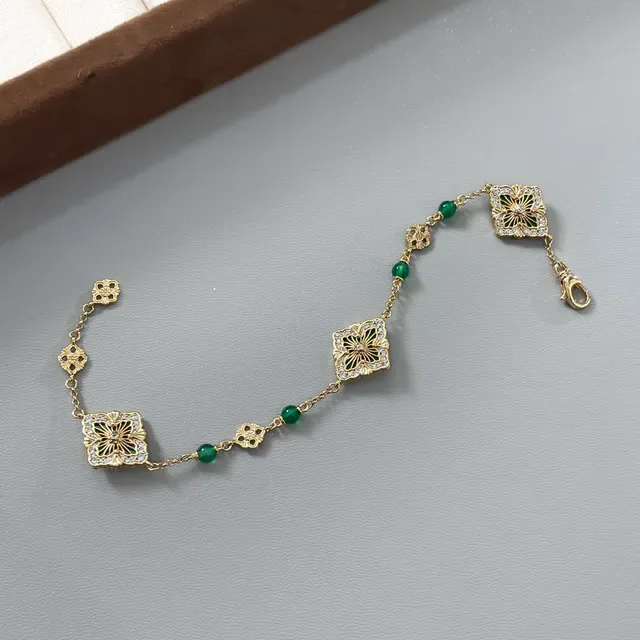 Gold Green Filigree Square Charms Alternating And White Beads Bracelet 5