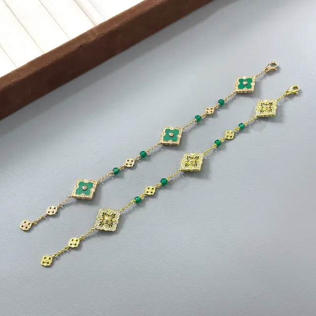 Gold Green Filigree Square Charms Alternating And White Beads Bracelet 8