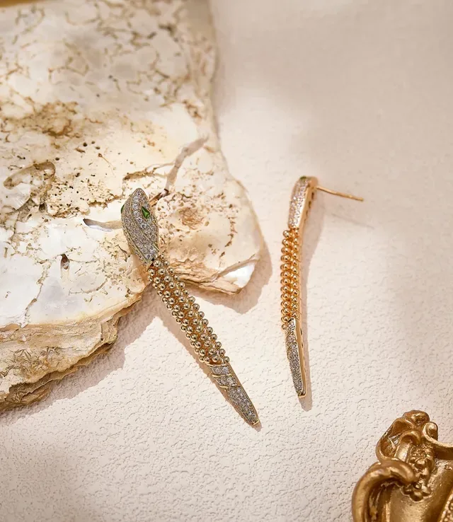 Gold Green Snake-Shaped Pavé-Crystal Earrings 6