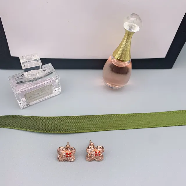 Ouro Vermelho Flor de Quatro Pétalas Pavé Cristal Brincos 5