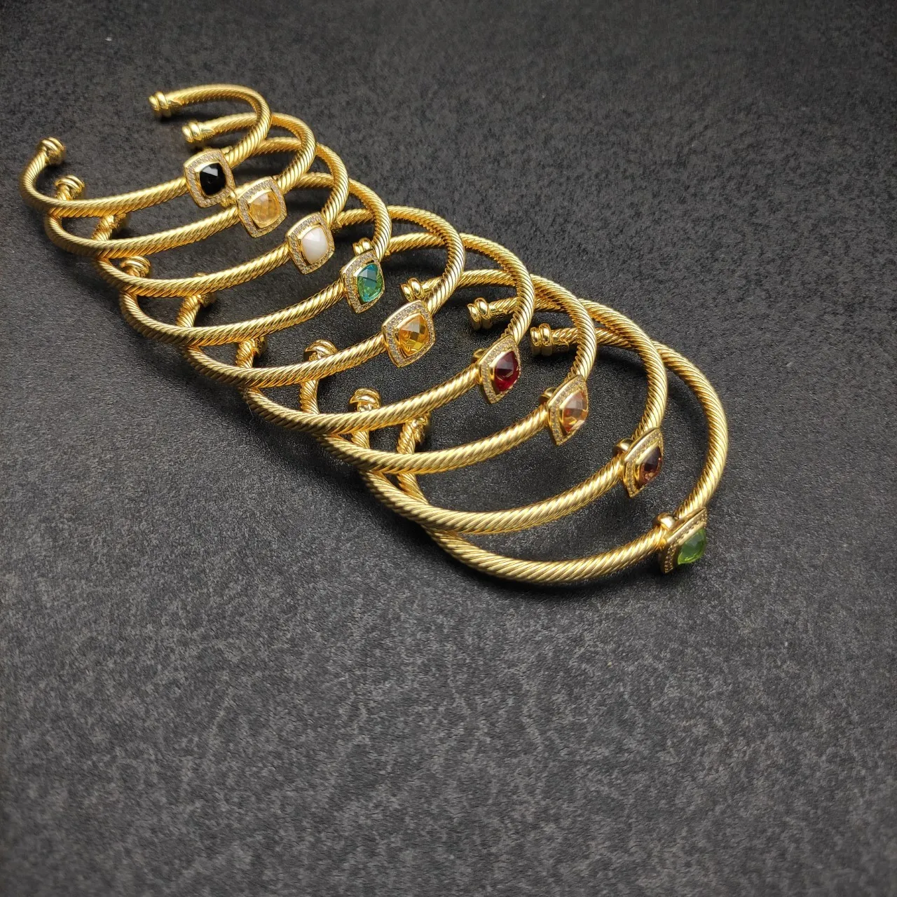 Gold Red Twisted Rope Cable Band Square Bezel-Set Gemstone Bracelet 3