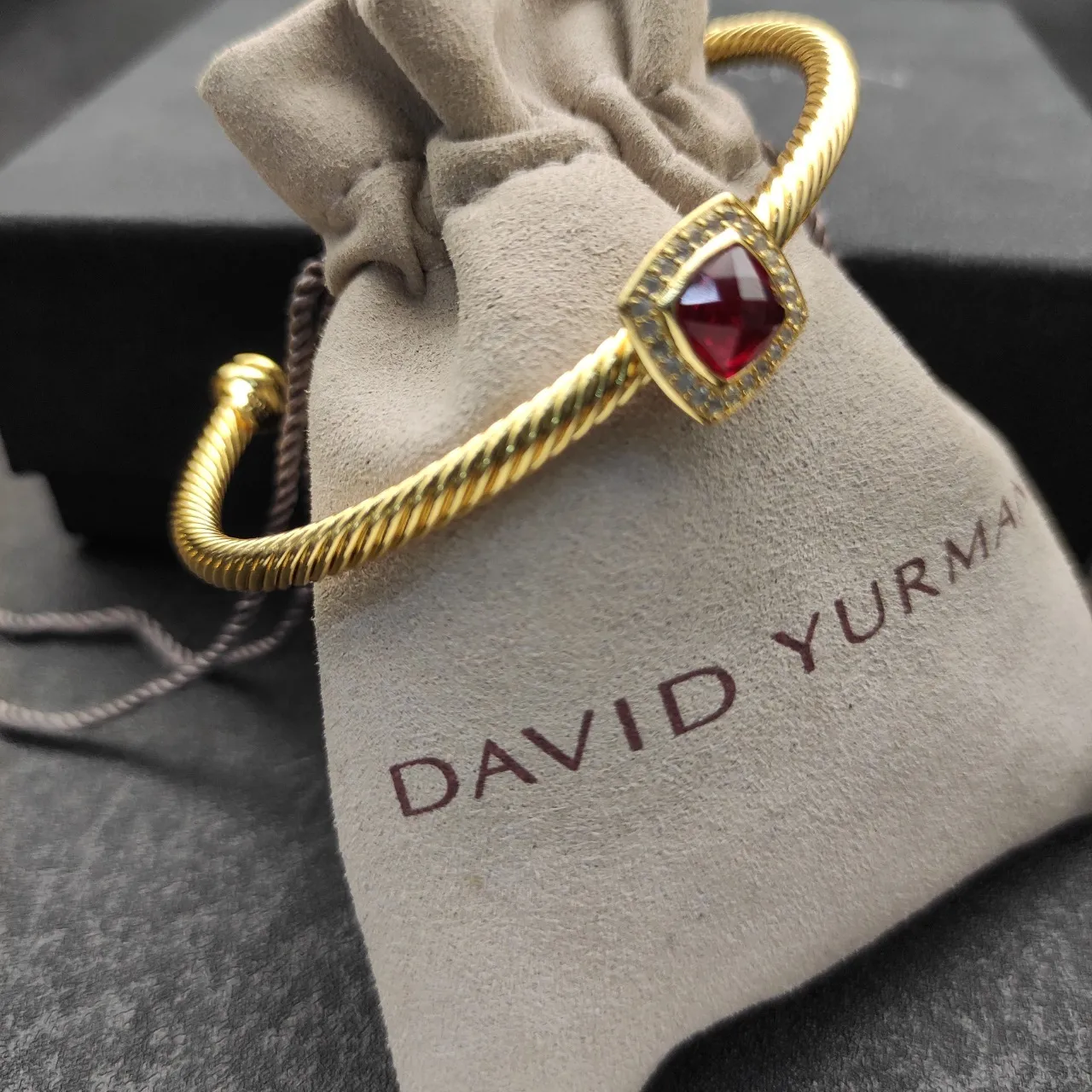 Gold Red Twisted Rope Cable Band Square Bezel-Set Gemstone Bracelet 4