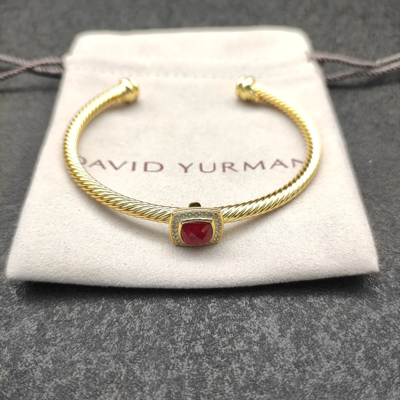 Gold Red Twisted Rope Cable Band Square Bezel-Set Gemstone Bracelet 5