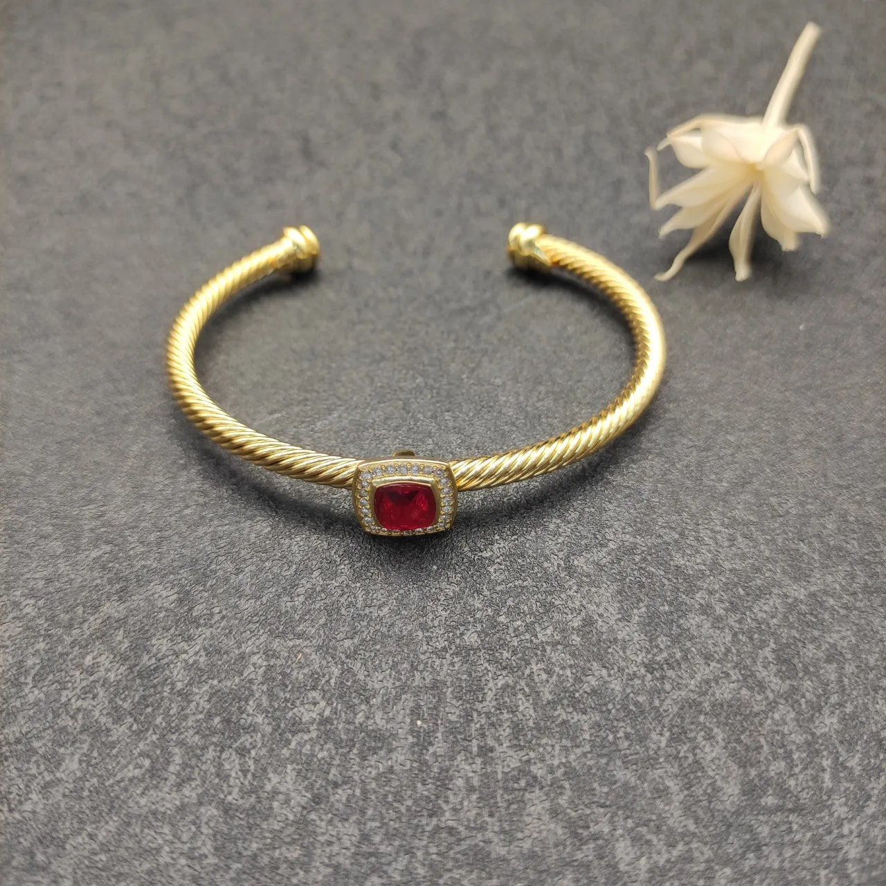 Gold Red Twisted Rope Cable Band Square Bezel-Set Gemstone Bracelet 8