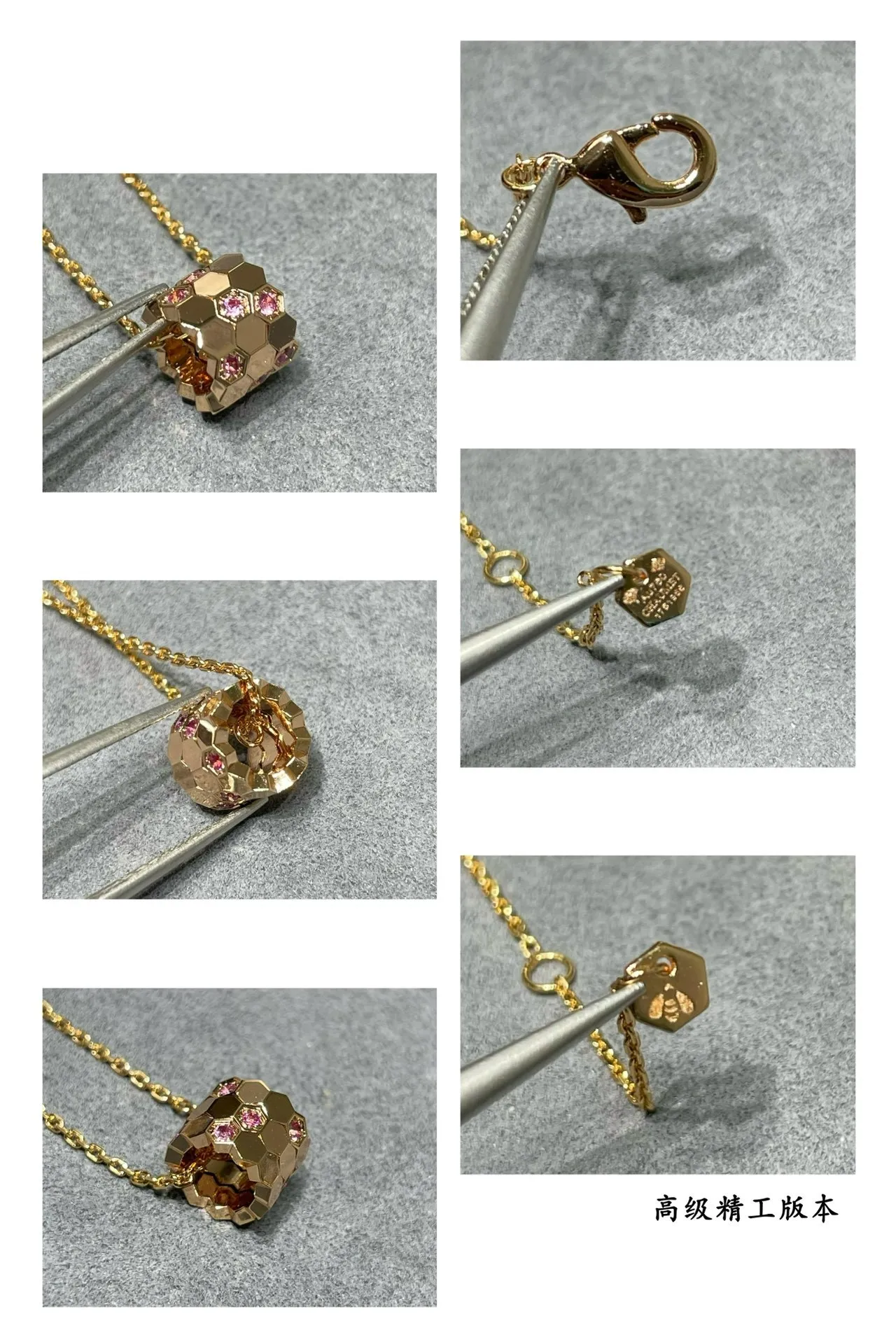 Collier avec pendentif hexagonal faceté en or et argent serti pavé de gemmes 4