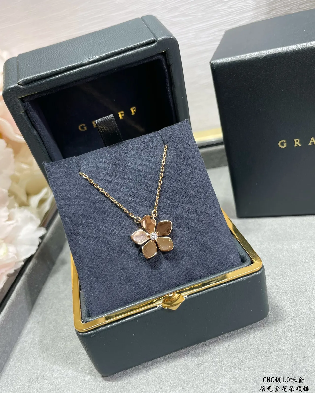 Gold Silver Five-Petal Flower Pendant Central Clear Gemstone Necklace 3