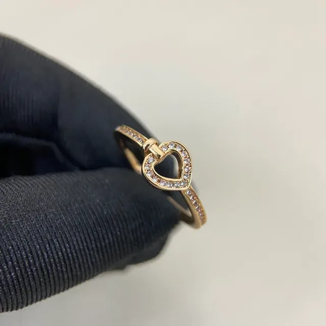 Gold Silver Heart-Shaped Open Outline Pavé-Set Stones Ring 4
