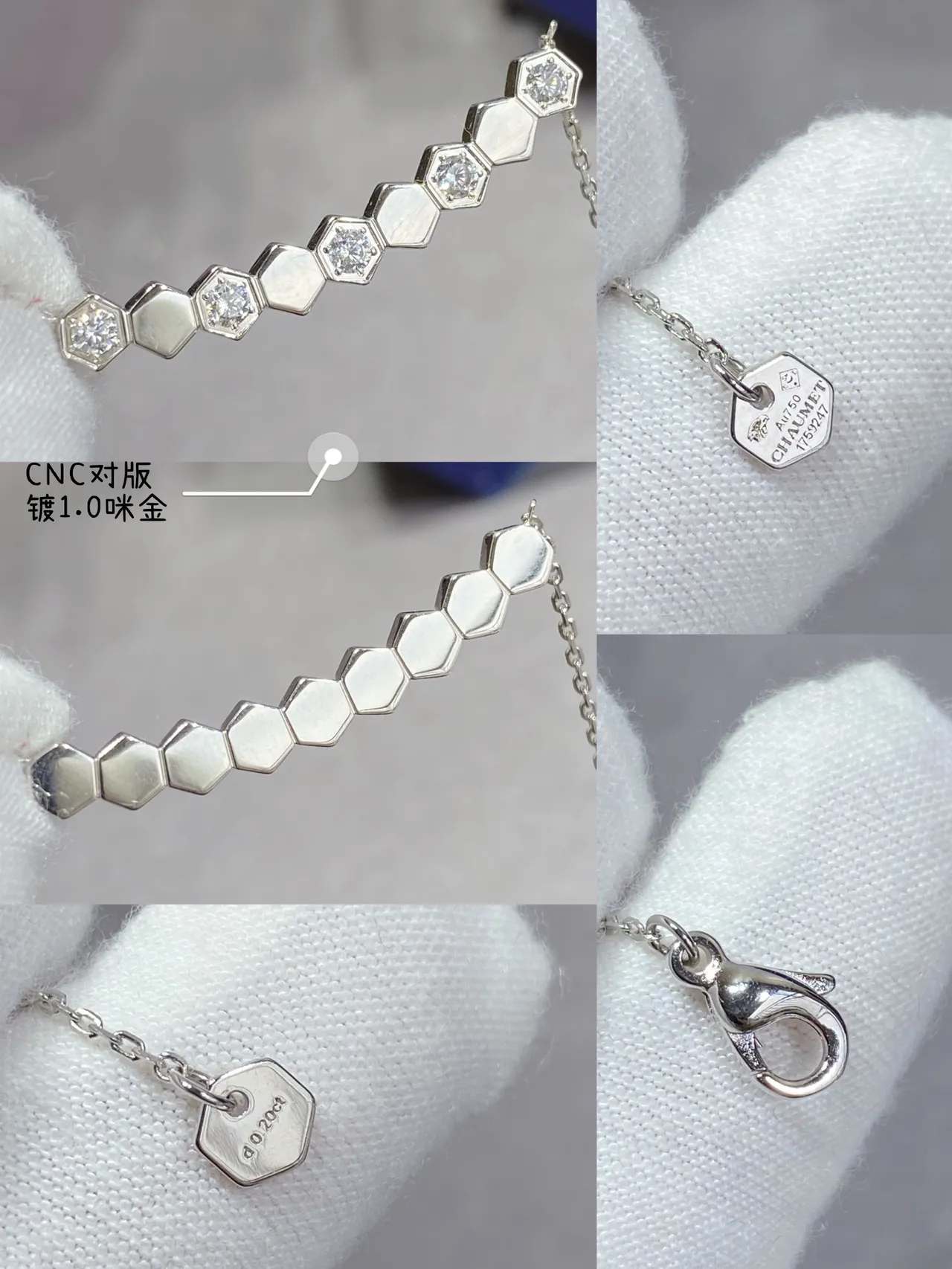 Collier pendentif barre enlacée hexagonale en or et argent pave-set avec pierres claires 3