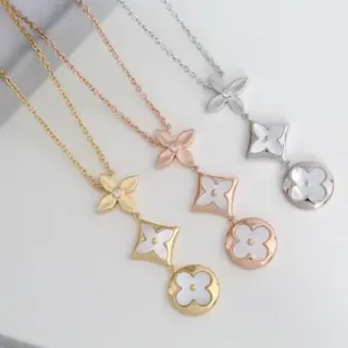 Gold Silver Multi-Pendant Drop Floral And Geometric Motifs Necklace