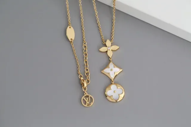 Gold Silver Multi-Pendant Drop Floral And Geometric Motifs Necklace 5