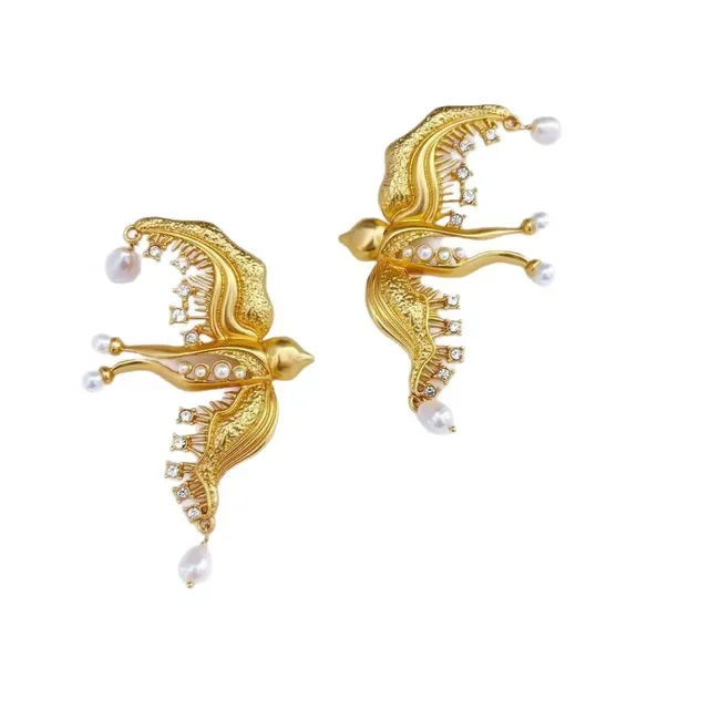 Gold-Tone Bird Filigree Pearl and Crystal Earrings 3