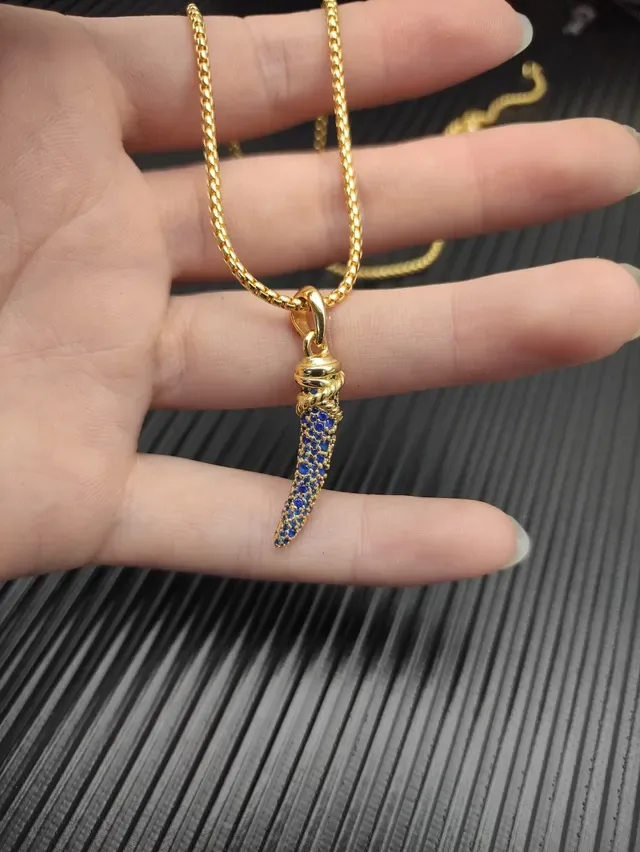 Gold-Tone Blue Pavé Horn Pendant Necklace 6