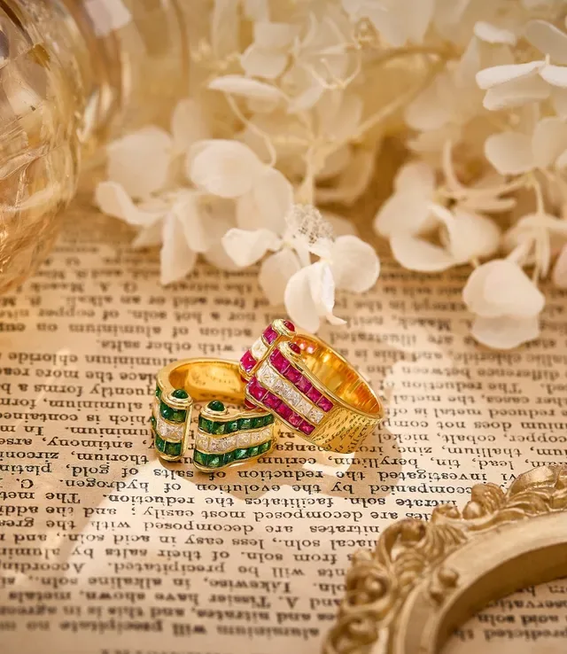 Gold-Tone Emerald and Diamond Multi-Row Open Bypass Ring 2