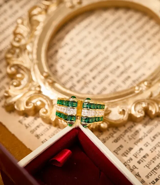 Gold-Tone Emerald and Diamond Multi-Row Open Bypass Ring 4