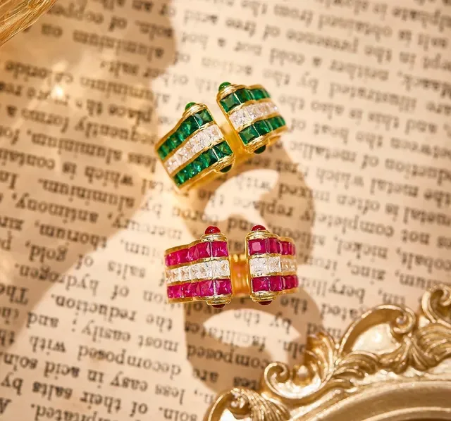 Gold-Tone Emerald and Diamond Multi-Row Open Bypass Ring 5