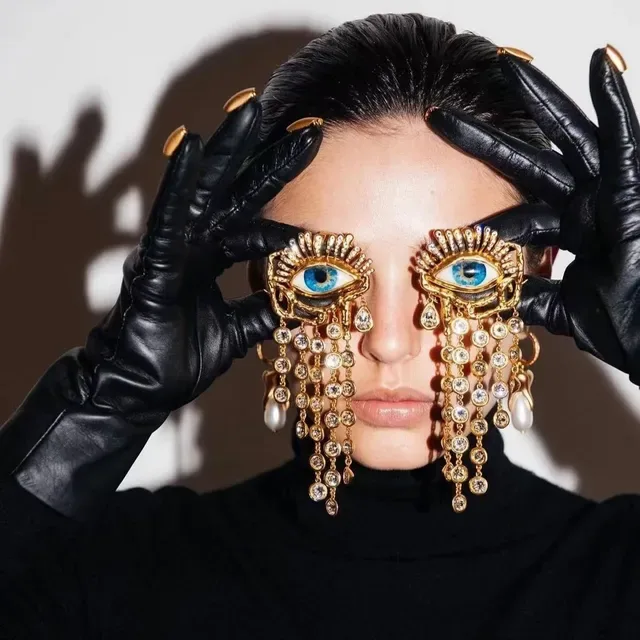 Gold-Tone Eye Motif Crystal Fringe Earring 4