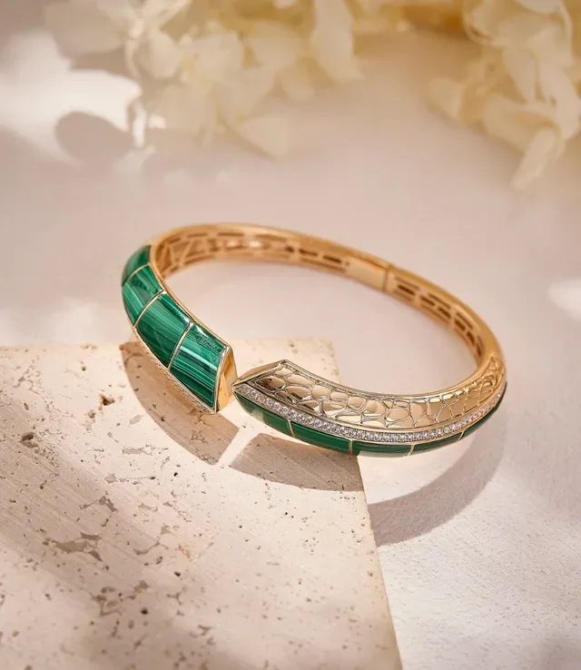 Gold-Tone Green Enamel Pavé Geometric Hinged Bangle Bracelet 2