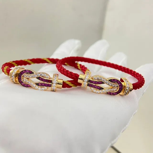 Gold-Tone Knot-Clasp Ruby and Diamond-Pavé Red Braided Cord Bracelets 2