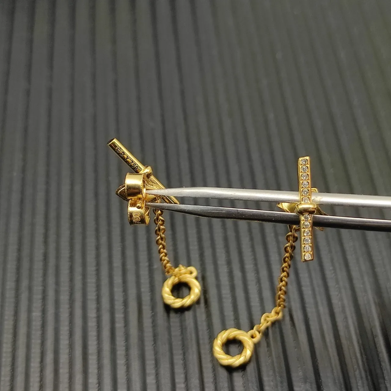 Gold-Tone Knot Motif Pavé Bar Chain Drop Earrings 4