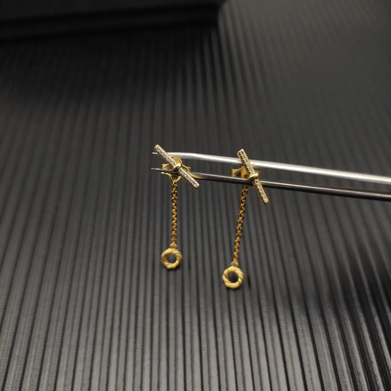 Gold-Tone Knot Motif Pavé Bar Chain Drop Earrings 5