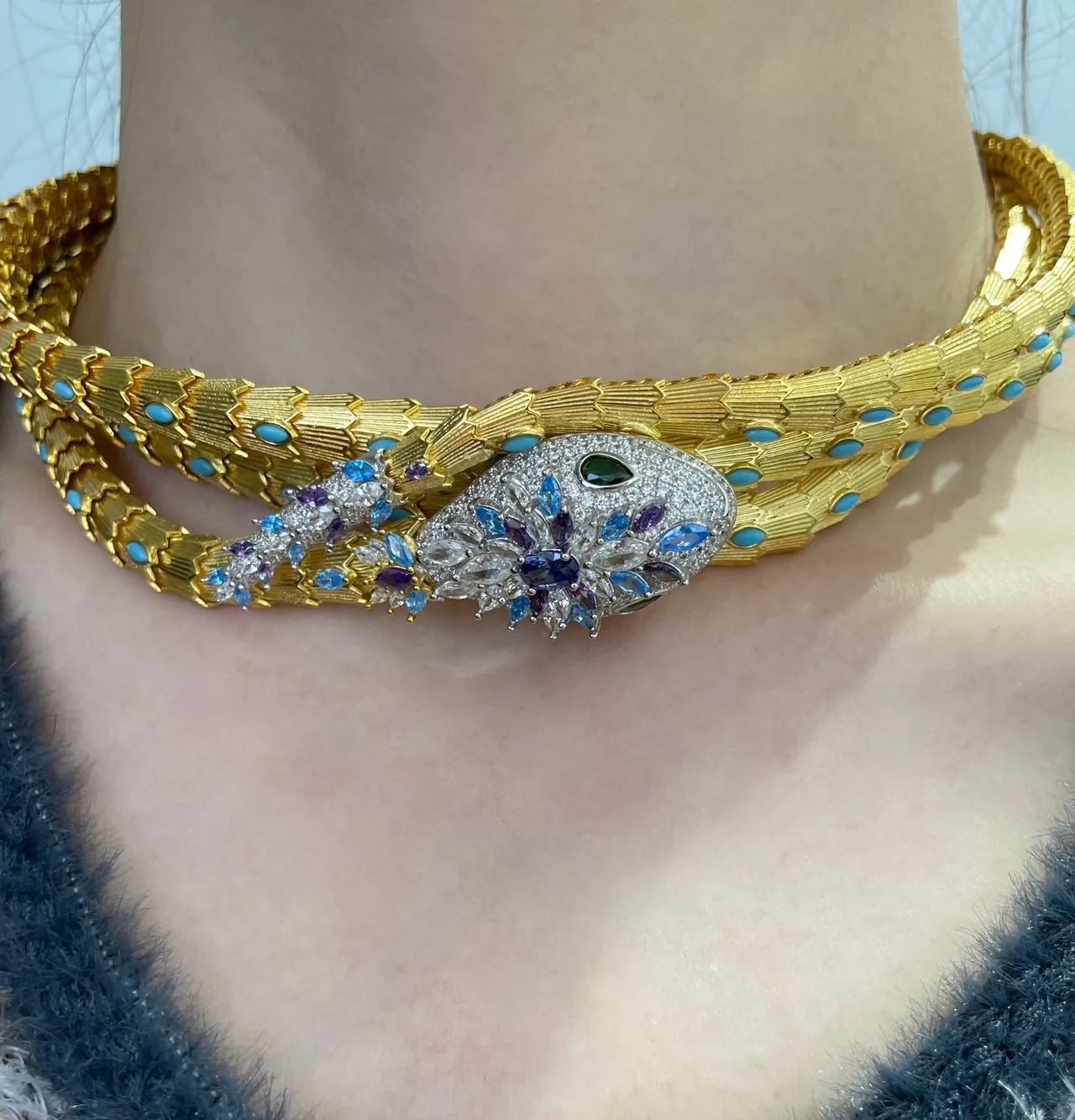 Gold-Tone Multi-Strand Snake-Head Gemstone Necklace 8