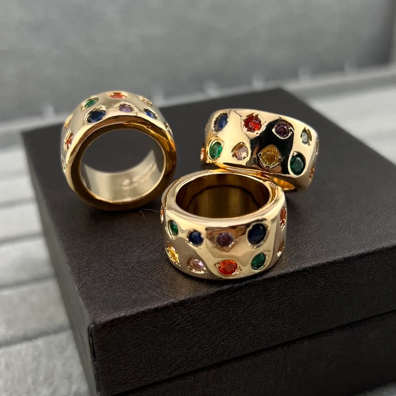 Gold-Tone Multigem Recessed Bezel Wide Band Rings 5
