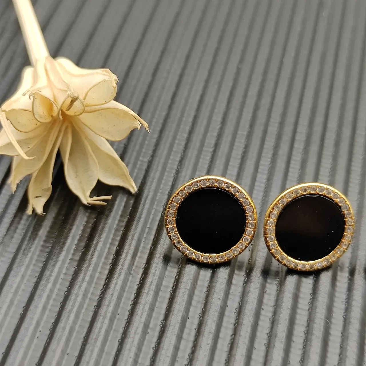 Gold-Tone Pavé Halo Black Cabochon Stud Earrings 5
