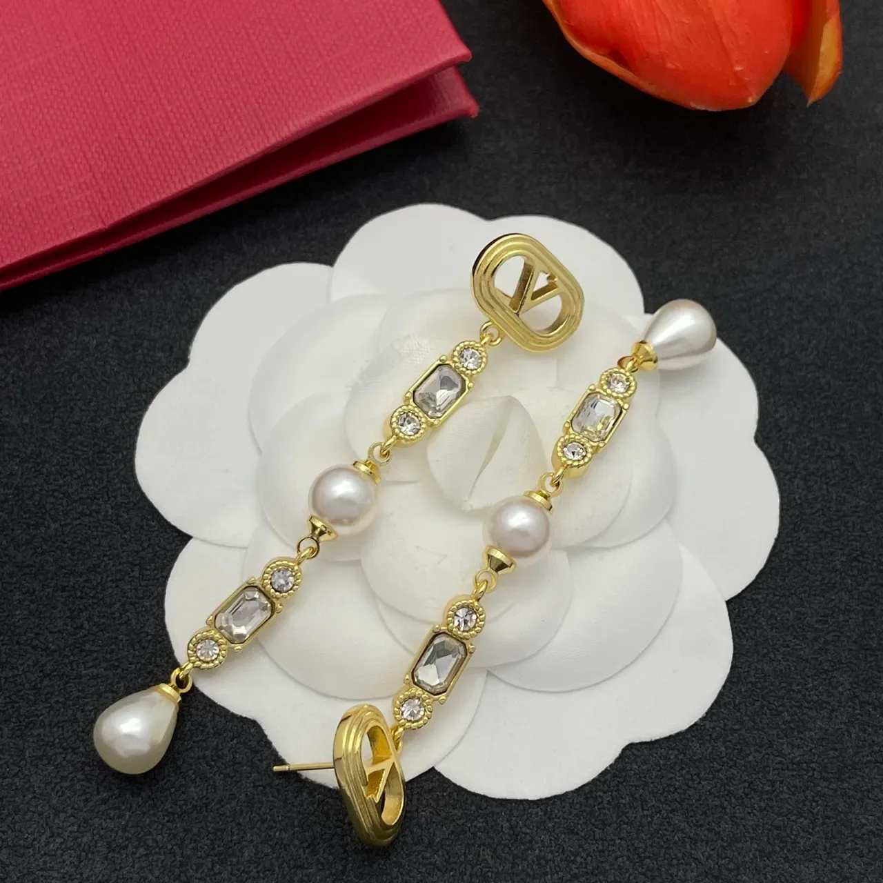 Gold-Tone Pearl and Faceted Stone Drop Earrings 6