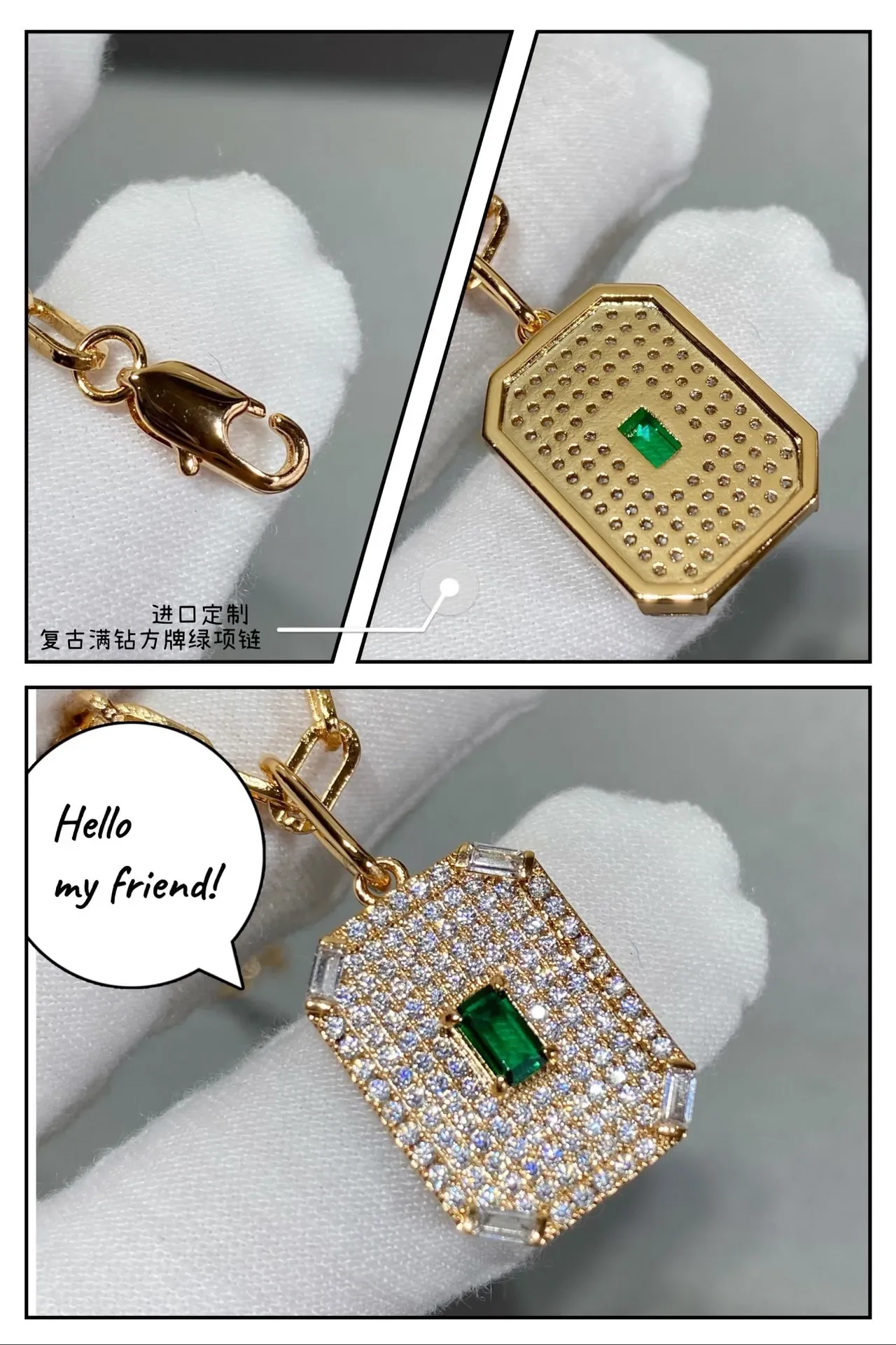Gold-Tone Rectangular Druzy and Pavé Emerald Pendant Necklaces 9