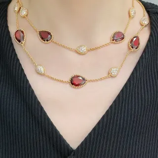 Collier ton doré goutte gémstone rouge et pavé
