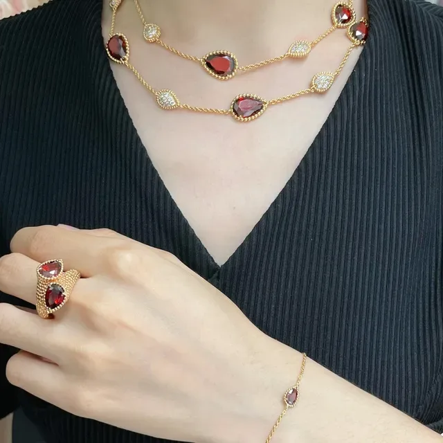 Gold-Tone Teardrop Red Gemstone and Pavé Necklace 9