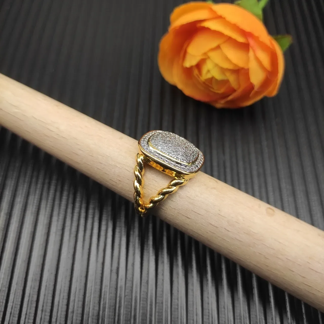 Gold White Pavé-Set Square Face Ring 5