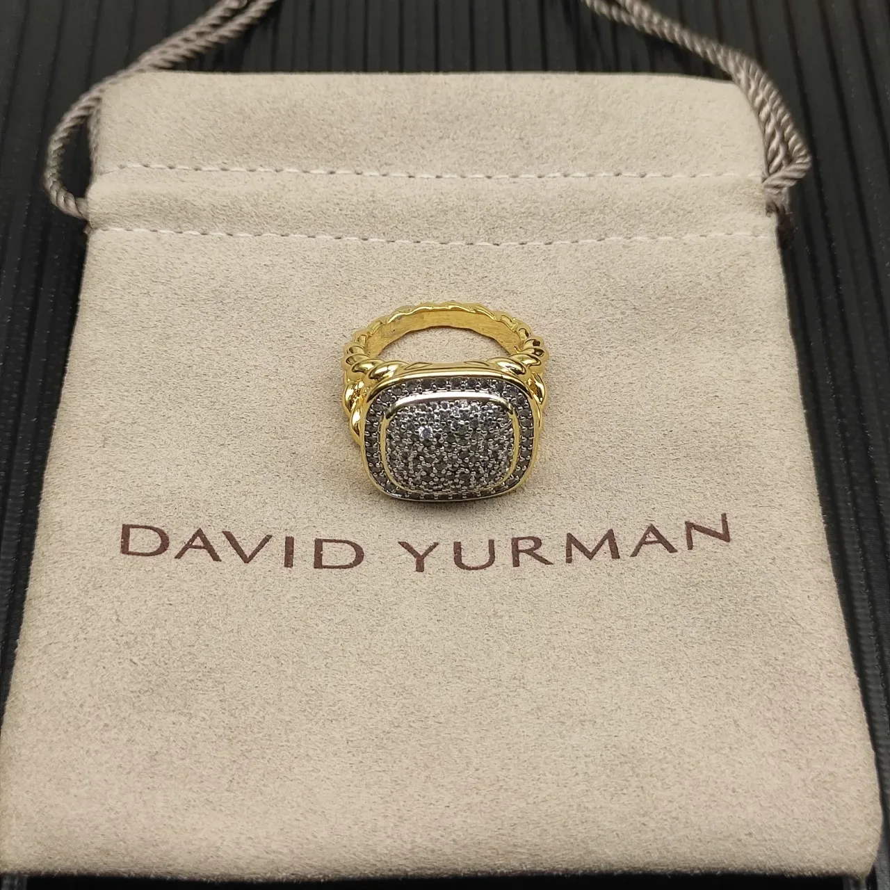 Gold White Pavé-Set Square Face Ring 9