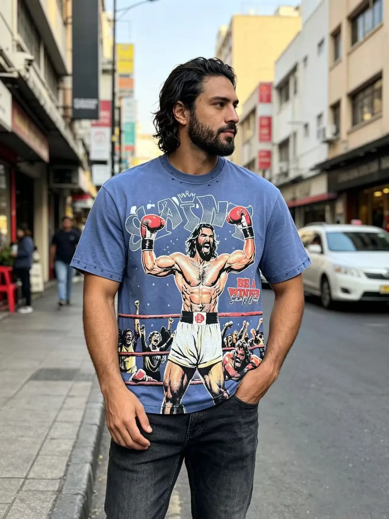 Graphic Boxing Print Distressed T-Shirt 10
