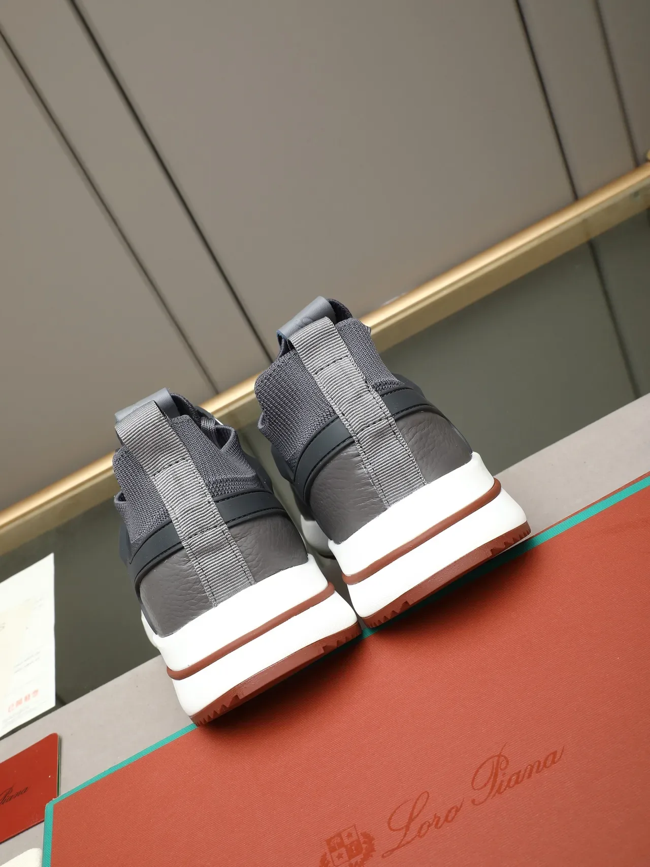 Gray and Brown Knit Collar Leather Panel Sneaker 3