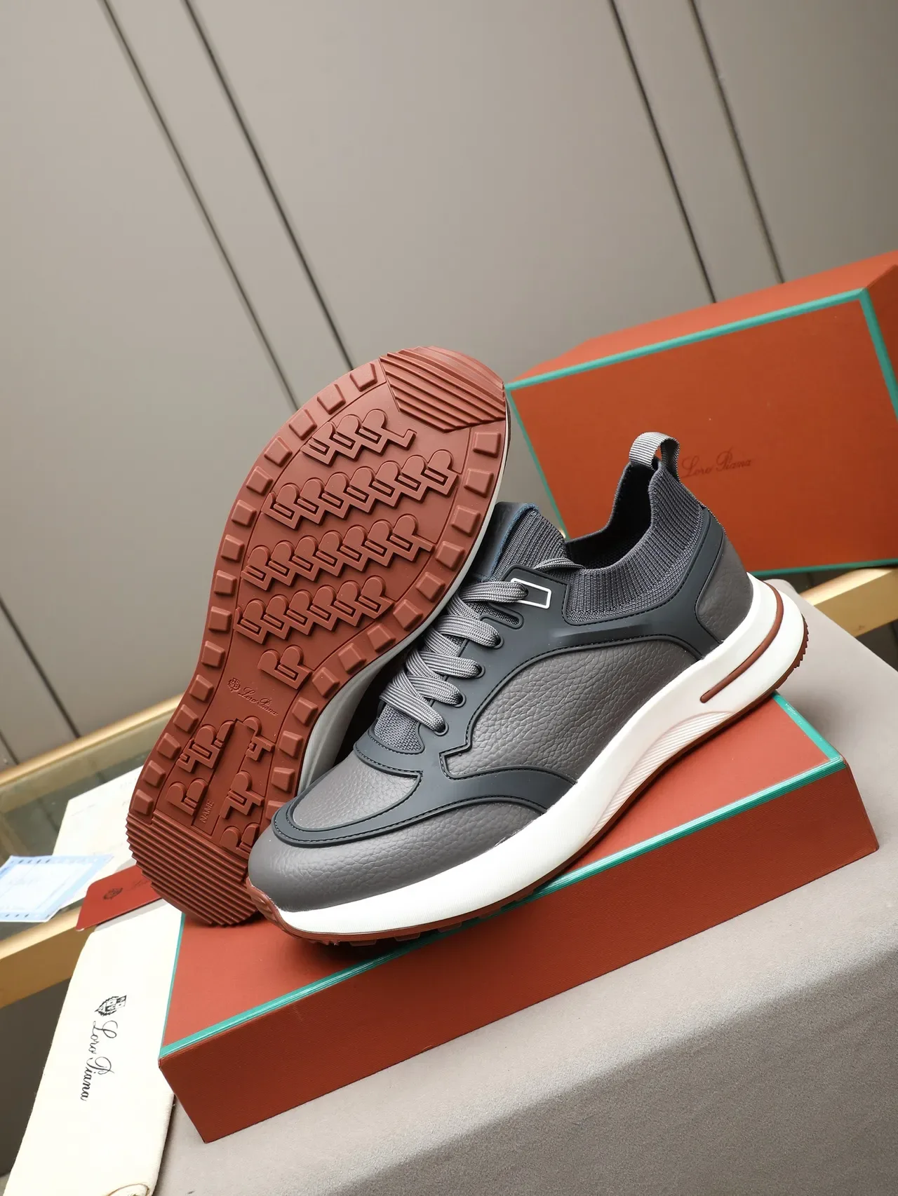 Gray and Brown Knit Collar Leather Panel Sneaker 4