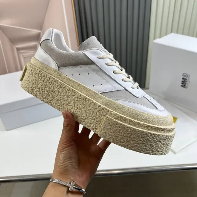 Gray Beige Platform Sole Textured Rubber Midsole Sneakers 4
