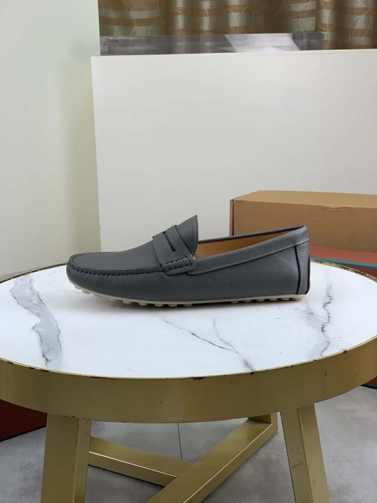 Gray Pebbled Leather Penny Strap Loafers 5