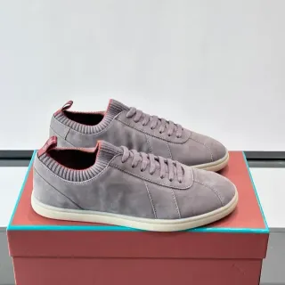 Gray Suede Knit-Collar Low-Top Lace-Up Sneakers
