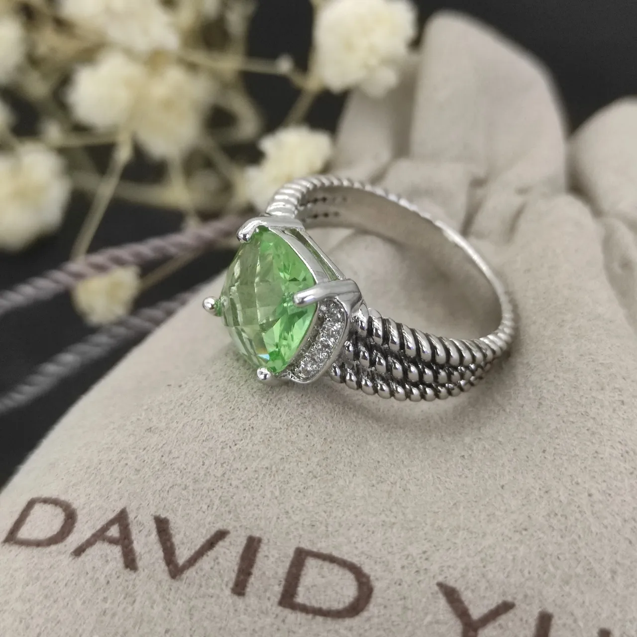 Green Silver Cushion-Cut Gemstone Triple Braided Band Ring 2