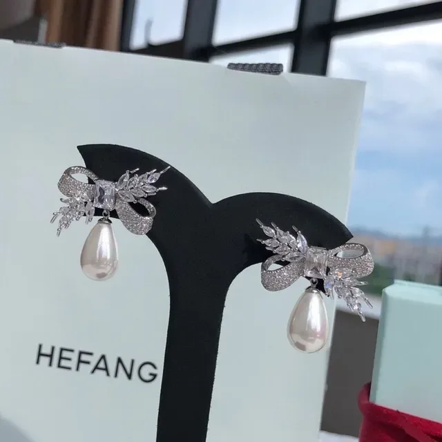 HEFANG Bow-and-Leaf Crystal Pearl Drop Earrings 8