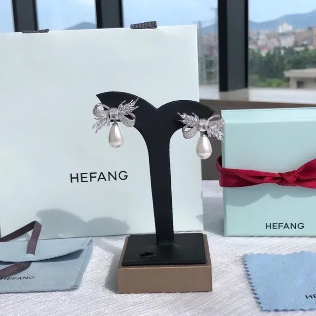 HEFANG Bow-and-Leaf Crystal Pearl Drop Earrings 9