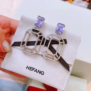 HEFANG أقراط هندسية بفصوص بلورية وحجر أرجواني معلقة