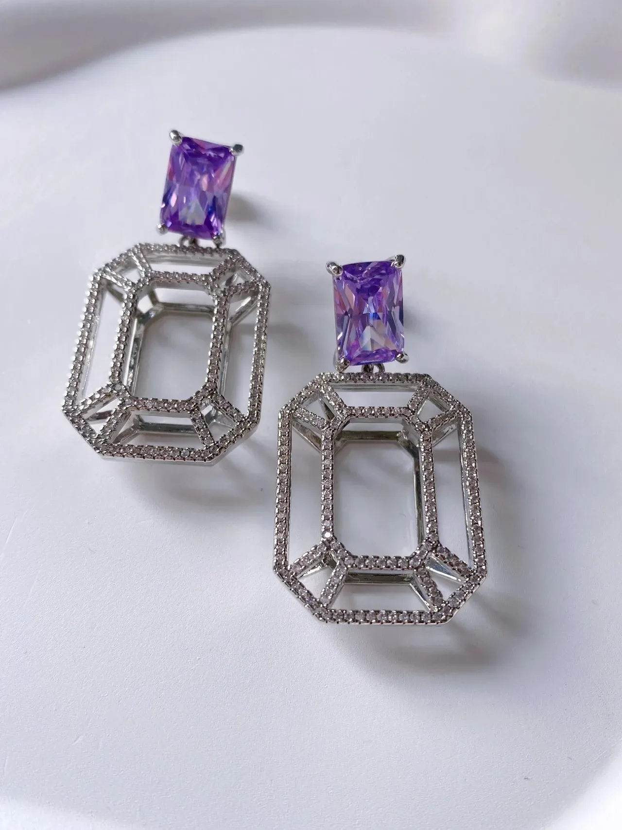 HEFANG Geometric Pavé Crystal and Purple Gemstone Dangling Earrings 8
