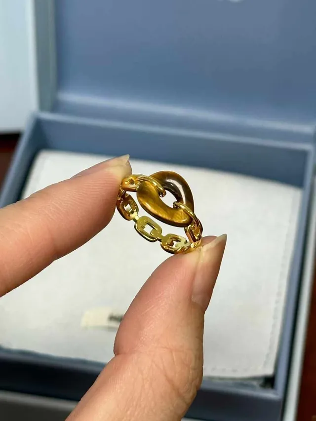 HEFANG Gold Brown Chain-Link Band Tiger's Eye Oval Stone Ring 6