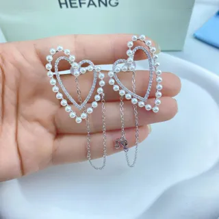 HEFANG أقراط اللؤلؤ الشكل القلبي وكريستال معلقة